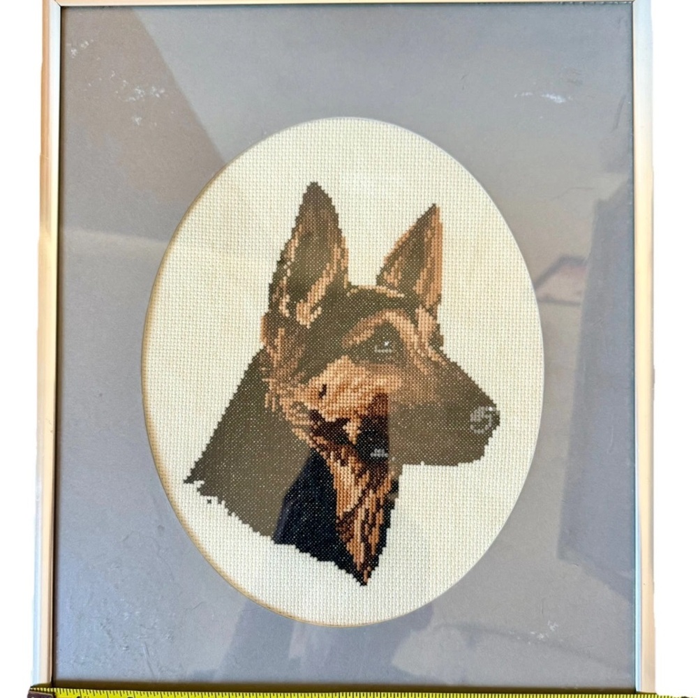 Vintage German Shepherd Needlepoint Framed Art Completed 11X14 Dog Gallery Wall